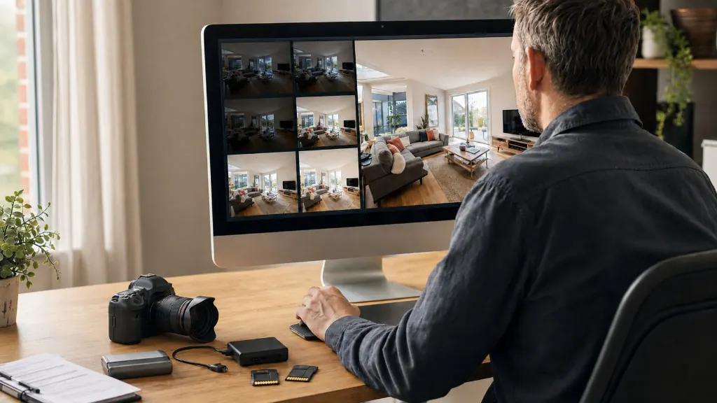 Photographer reviewing bracketed living-room exposures on a desktop monitor, with a camera and memory cards on the desk