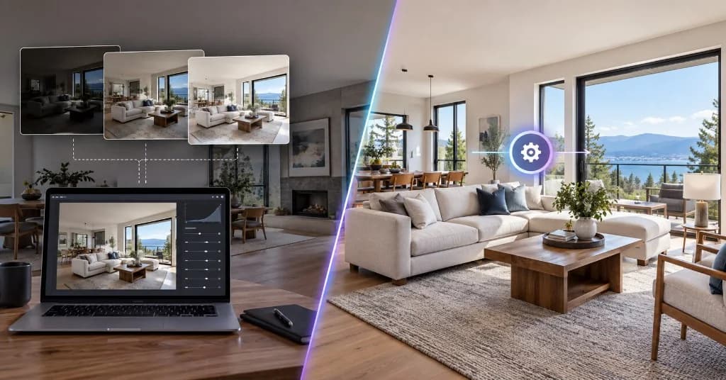 Split comparison of Lightroom HDR editing with bracketed exposures versus automatic property photo processing of a finished living room